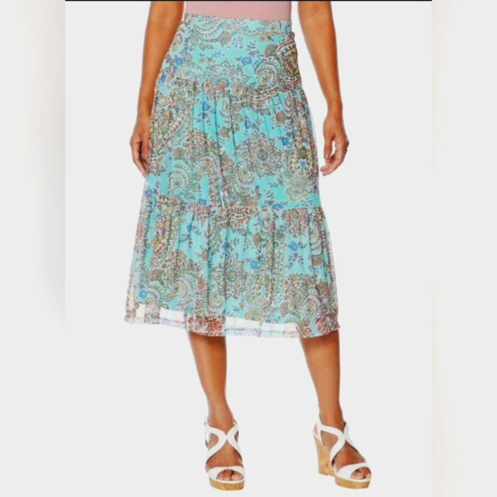 Nina Leonard Power Mesh Midi Tiered Flowy Skirt Floral Paisley Boho Hippie Med